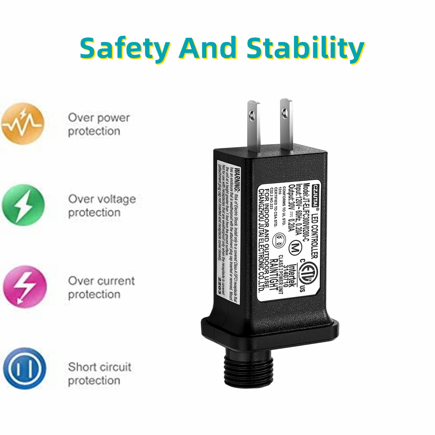 Airoads 30V LED Transformer - 0.2A Power Supply for Christmas Lights, IP44, Model JT-EL/FC300V0200-C, Black, 6W