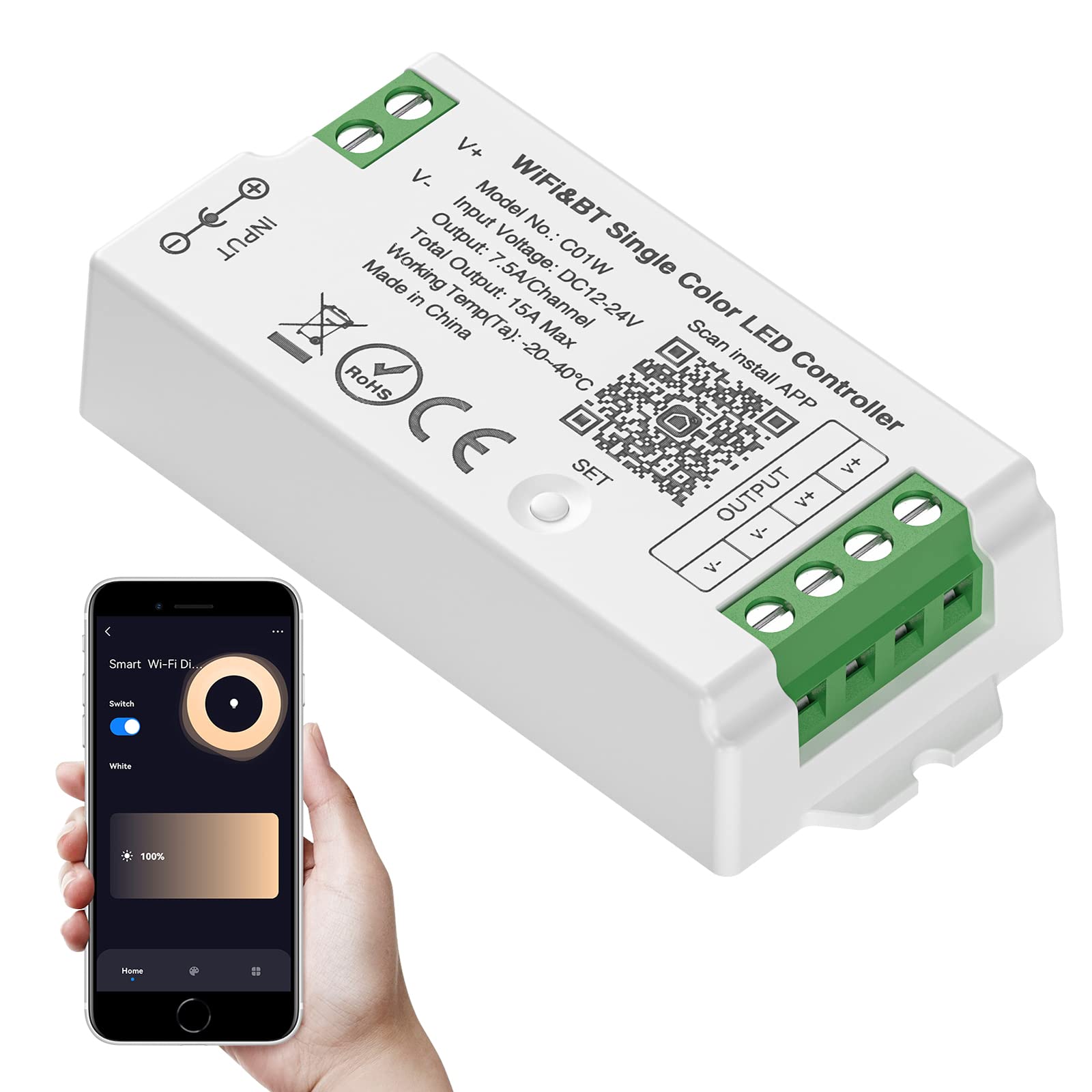 Sezo Wifi Bluetooth Led Strip Controller M1C01W - Single Color, Group Control, Tuya Smart Life App Compatible, Dc12-24V