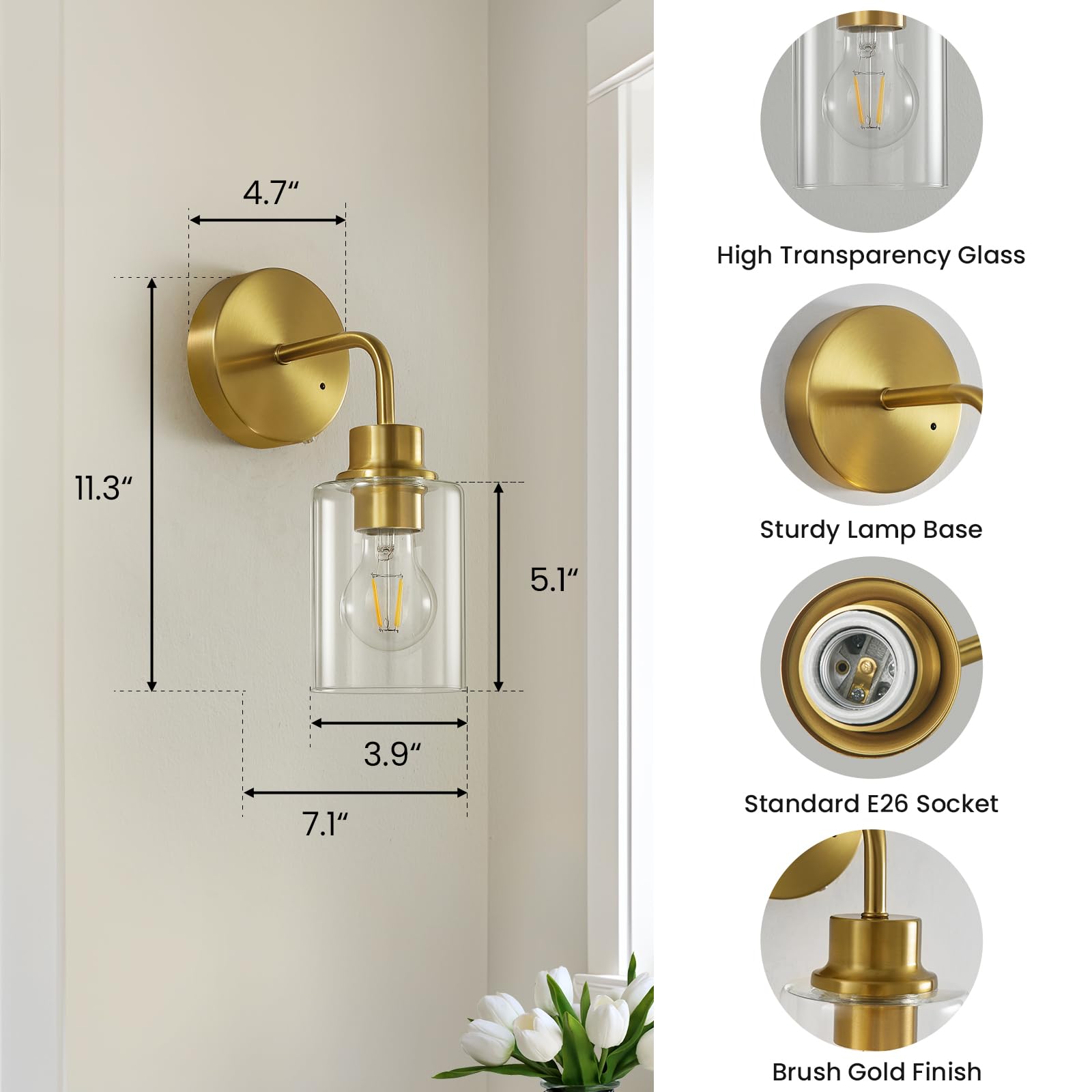 Epinl Dimmable Battery Operated Wall Sconce Set of 2 - Wireless Gold Glass Lamps, Rechargeable, 3000K Modern Lighting for Home
