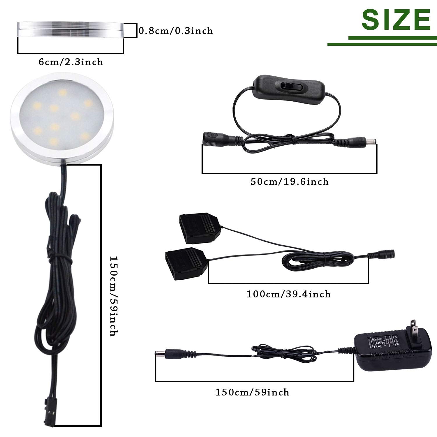 Aiboo 12V Led Under Cabinet Lights Kit 6 Pack Black Cord Aluminum Puck Lamps For Kitchen Counter Closet Lighting With Manual On/Off Switch 12W 6 Lights (4000K Natural White)