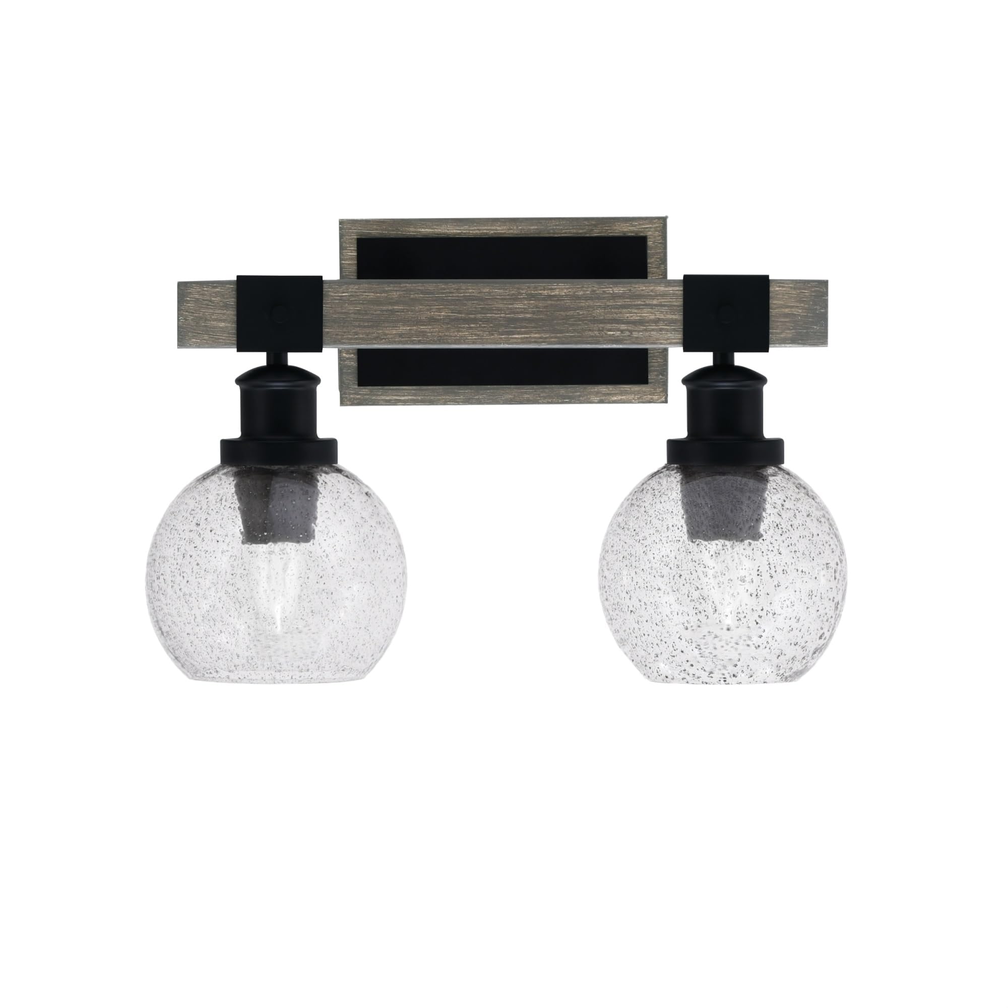 Toltec Lighting Tacoma 2 Light Bath Bar - Matte Black & Distressed Wood-Look Finish, 5.75in Smoke Bubble Glass