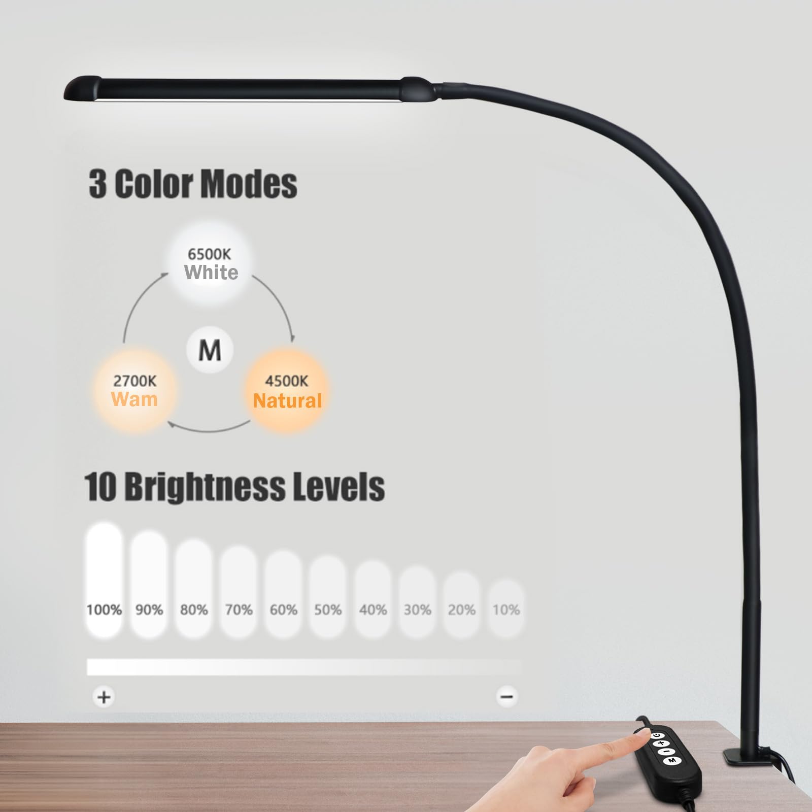 Phimuezl Led Desk Lamp With Clamp, Clamp Light With 30 Adjustable Color Modes,Clip On Light With Long Flexible Gooseneck, Eye-Care Lamp Clamp For Study, Work, Home, Office, (Black, 12W)