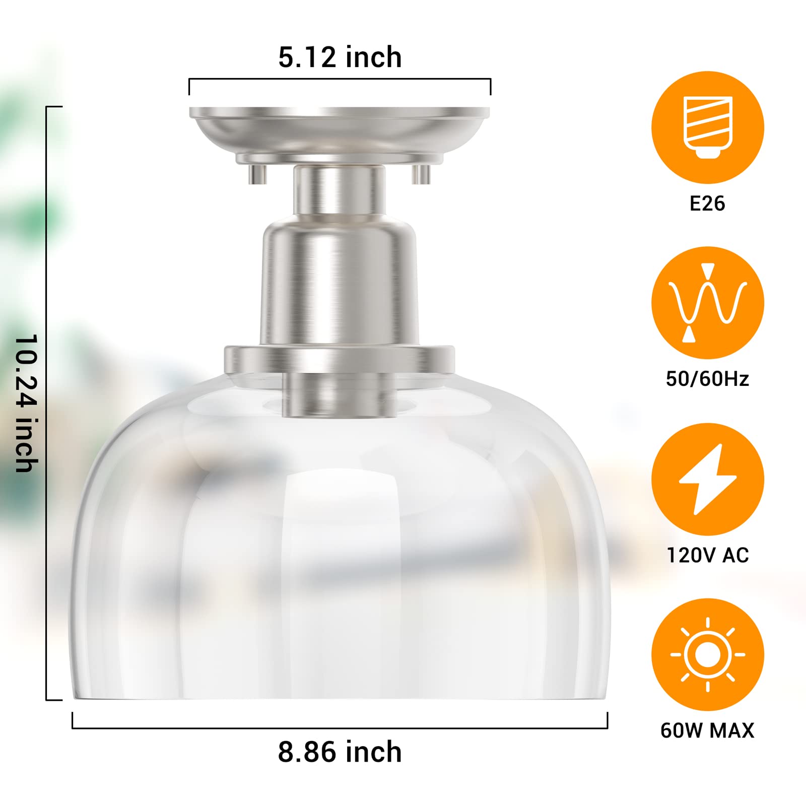 Eapudun Brushed Nickel Semi Flush Mount Ceiling Light With Clear Glass Shade, 1 Light Fixture