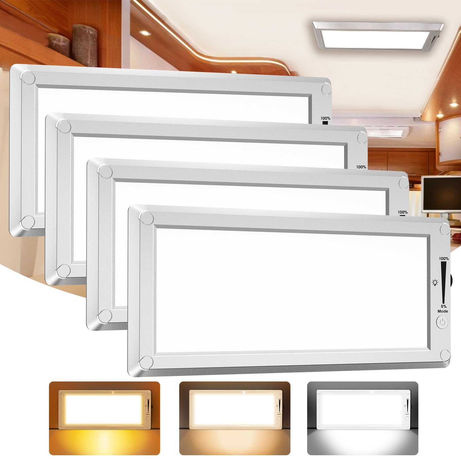 SFNN 4 Pack RV Lights Interior 3 Color RV LED Super Bright Fixture 12V RV Ceiling Dome Light with ON/Off Dimmable Switch Energy Saving Gift Package for RV/Camper/Car/Trailer/Boat