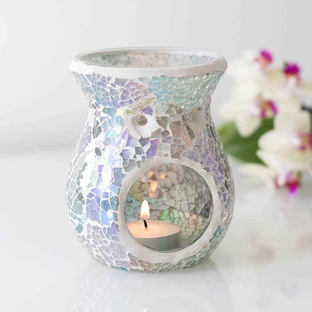 Light Blue Iridescent Crackle Glass Oil Burner- Small, Lustre Mosaic Wax Melt Burner Single Tea Light Candle Holder Aroma Gift L