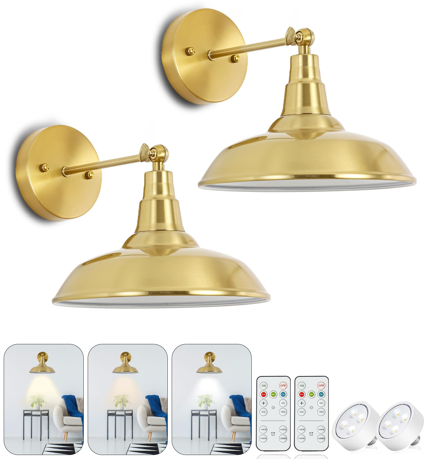 Lzwelcy Gold Vintage Wall Sconce Set of 2, Battery Powered, Dimmable LED, Wireless, Model 9008, Short Size