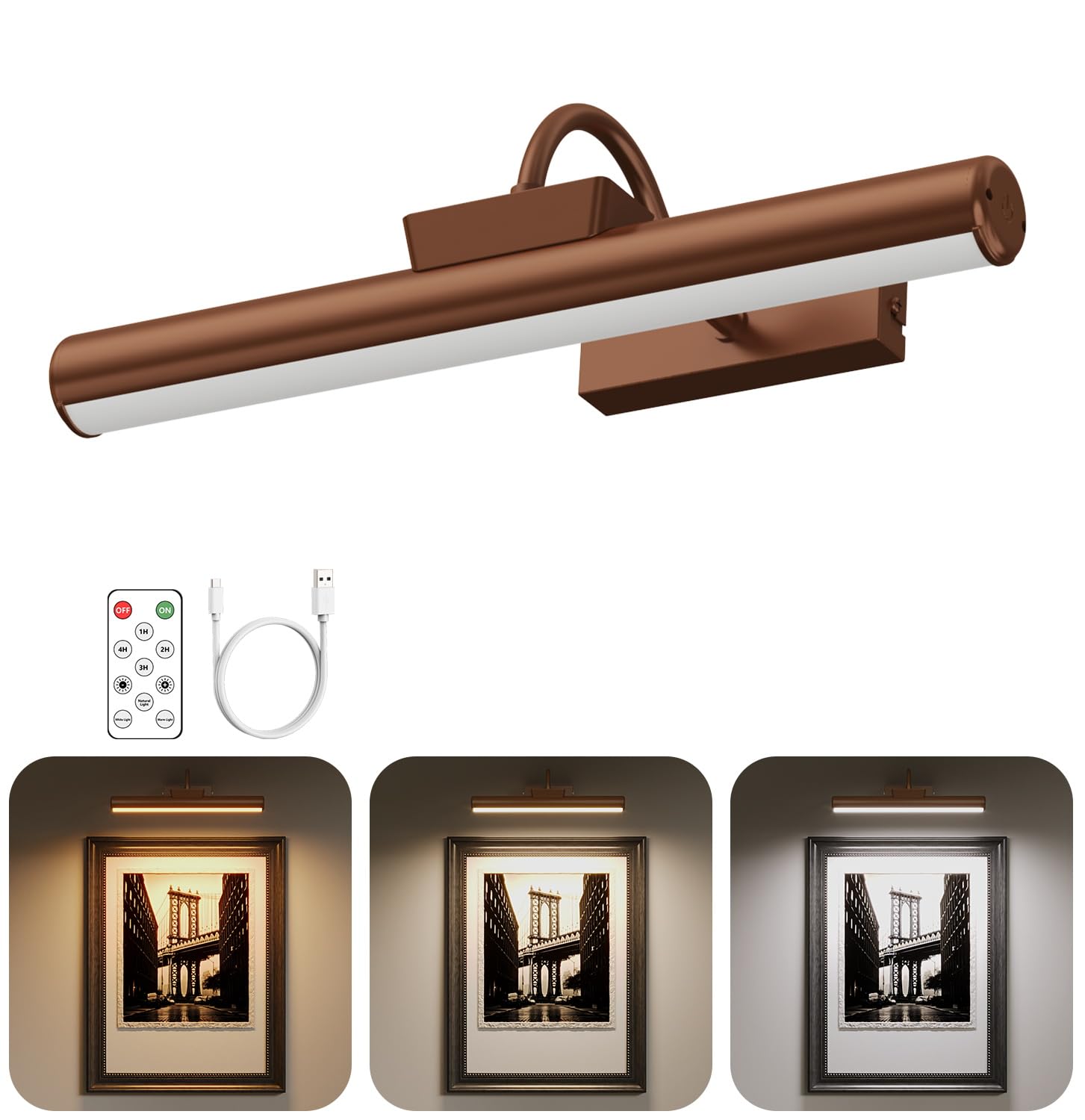 Picture Light Battery Operated, 13in Wireless Art Light for Paintings, Dimmable 5000mAh Recharging Battery Picture Light with Re