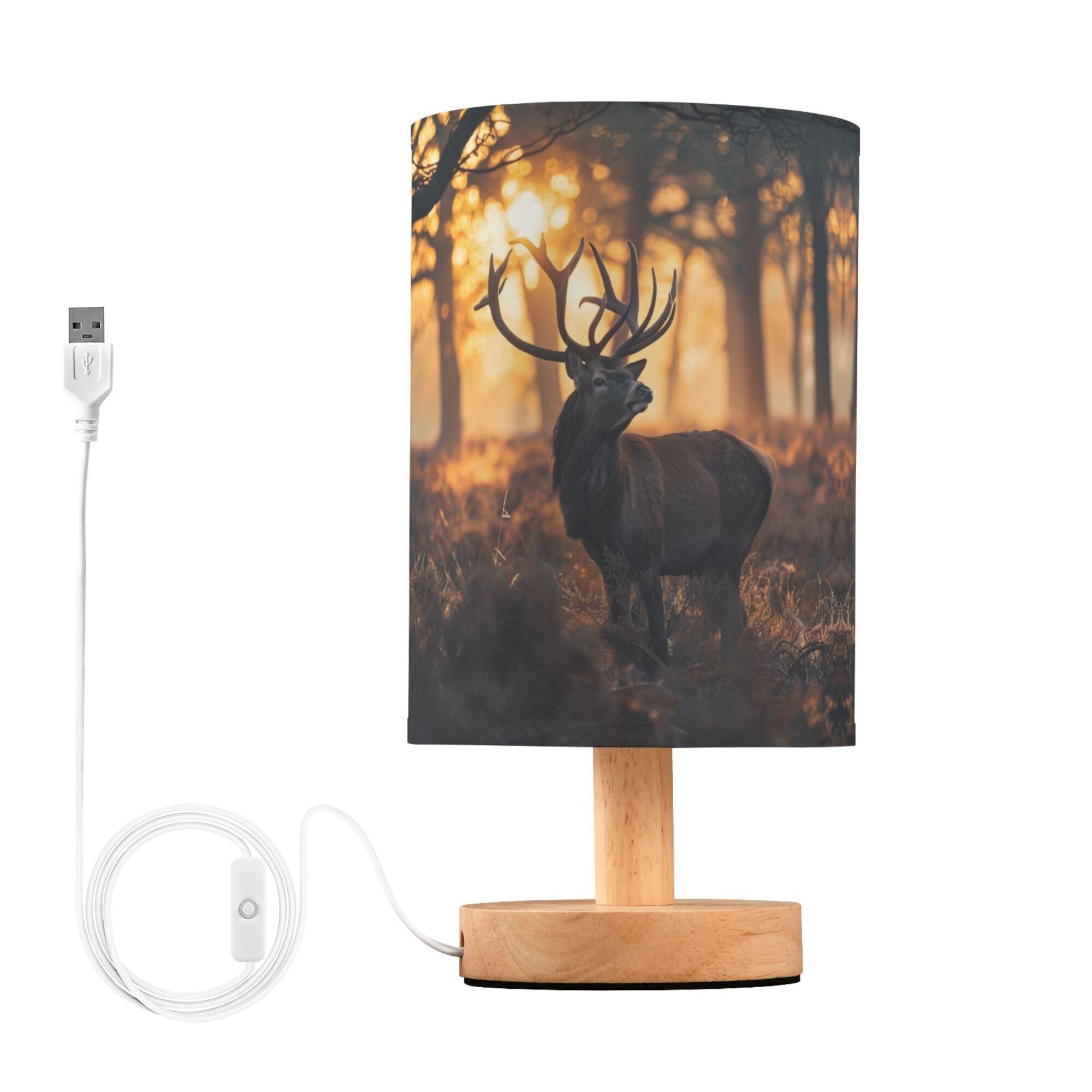YYZZH Table Lamp Deer in Sunrise Forest Nightstand Lamp with Wood Base Fabric Lamp Shade Bedside Desk Lamp for Living Room Bedro