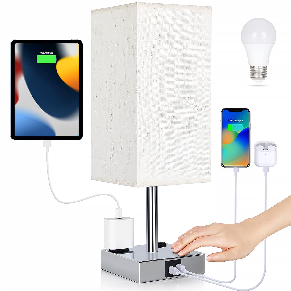 Soilsiu Bedside Lamp - Touch Control Table Lamp with USB C+A Ports, 3-Way Dimmable, 4.3in Width, Chrome - Flaxen, Model TD