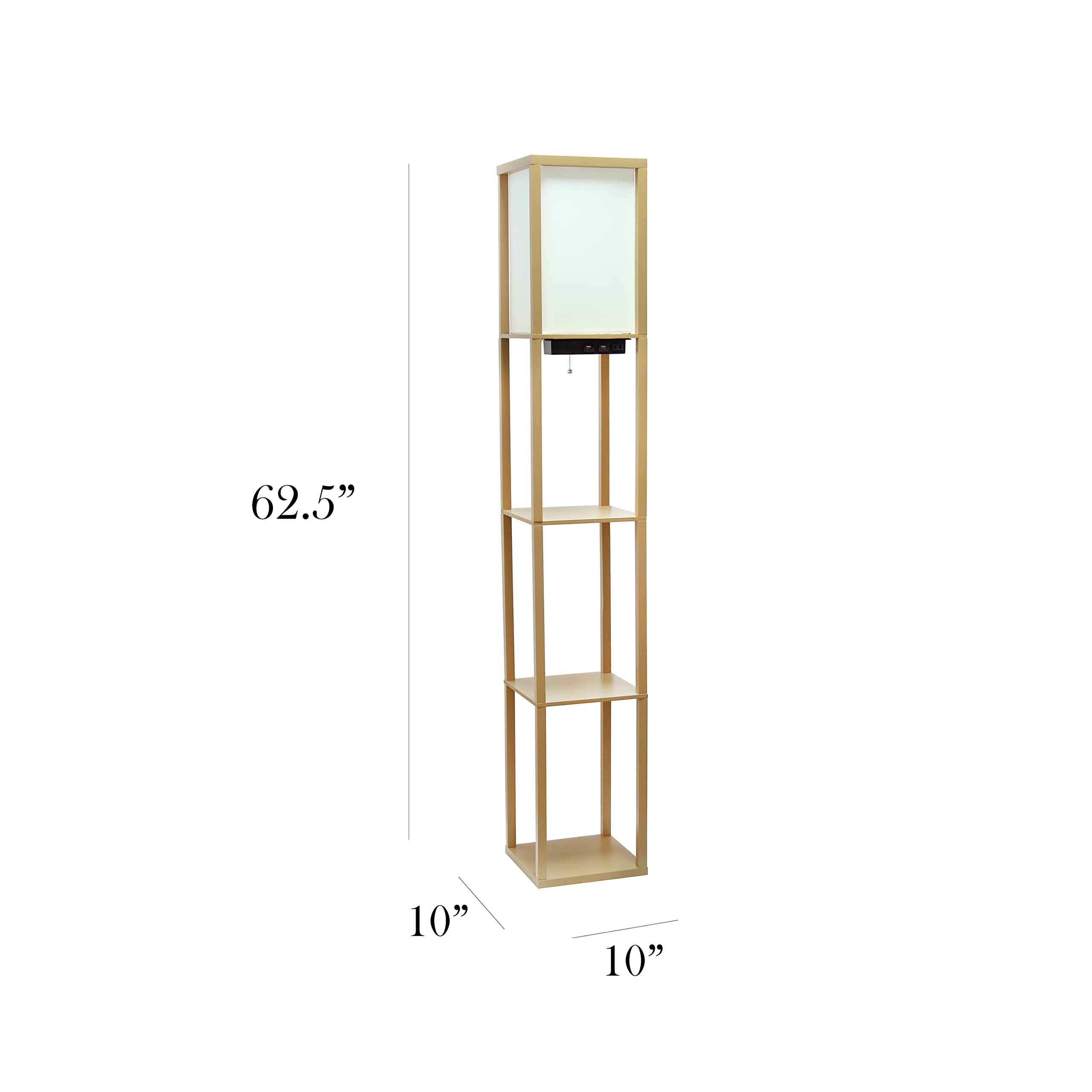 Simple Designs Lf1037-Tan Floor Lamp Etagere Organizer Storage Shelf With 2 Usb Charging Ports, 1 Charging Outlet And Linen Shade, Tan