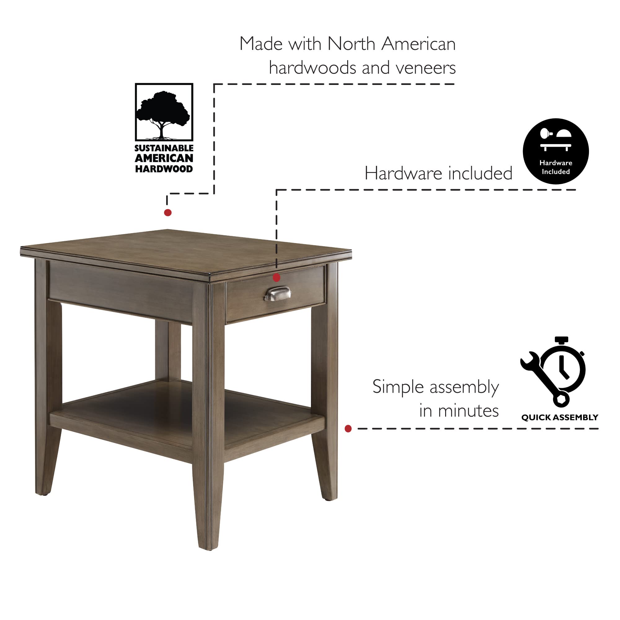 Laurent 20 In. Solid Wood End Table With Shelf And Drawer, Smoke Gray - Leick Home, 10507-Gr