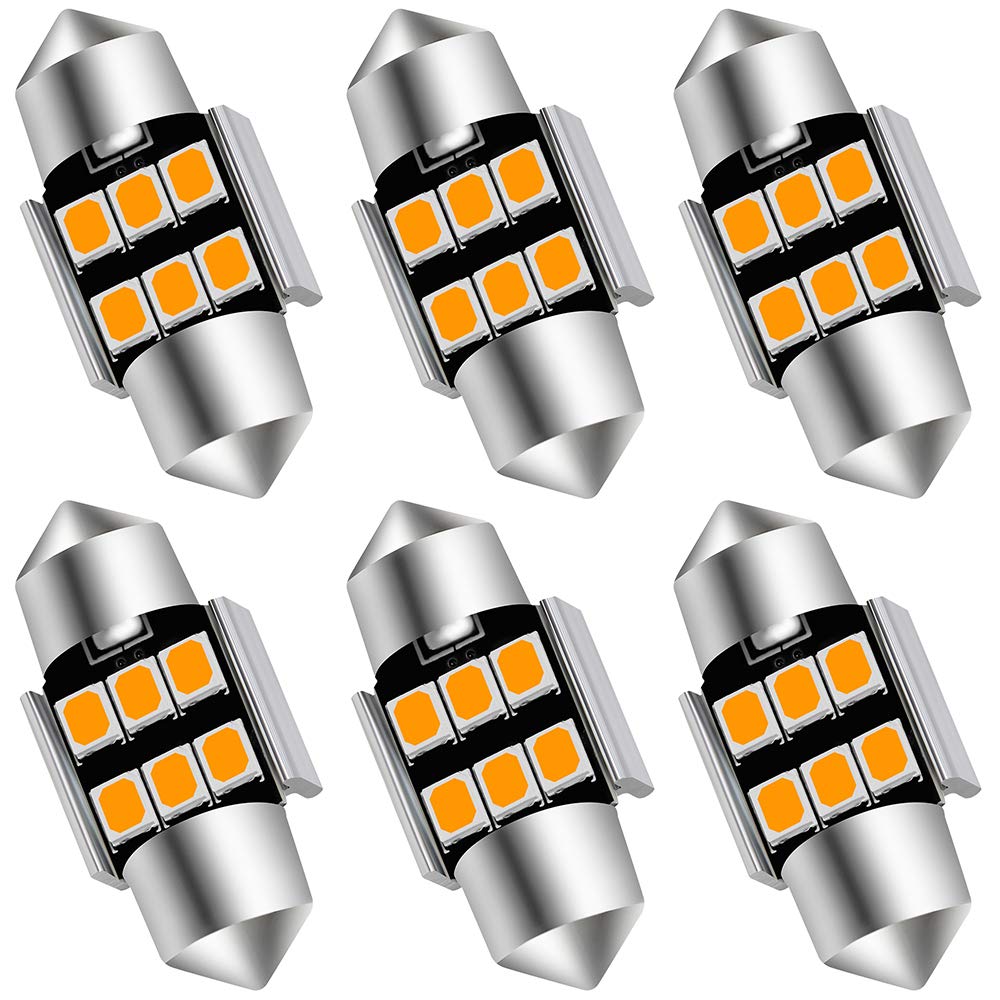 Auxlight 6614 6641 6612F 6615 F30-Whp Ts-14V1Cp 29Mm 1.14”Festoon Led Interior Light Bulbs Amber Yellow, Super Bright 6Smd Chips For Car Suv Truck Sunvisor Vanity Mirror Lights (Pack Of 6)