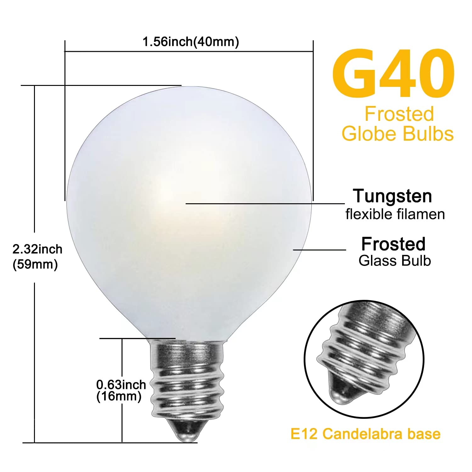 Abeja G40 Frosted Replacement Light Bulbs, 5W Clear Globe Bulb Fits E12 C7 Candelabra Screw Base Sockets, 1.5 Inch Dimmable Ligh