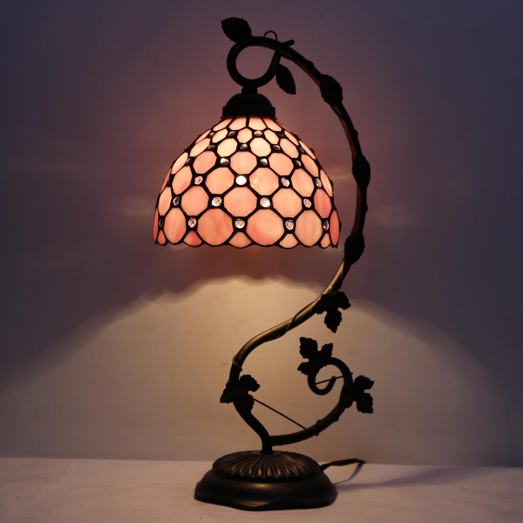 WERFACTORY Tiffany Table Lamp, Pink Stained Glass, 8X10X21 Inches, Metal Leaf Base, S005P Series