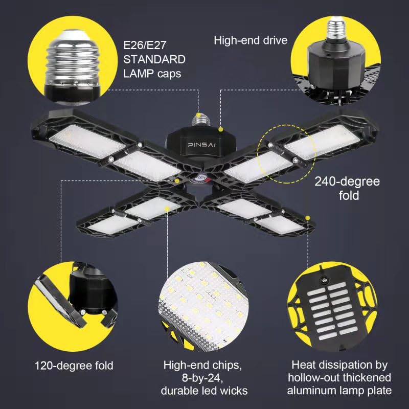 PINSAI LED Garage Light, 200W 20000 Lumen Deformable Ceiling Lamp, E26/E27, 8 Adjustable Panels, Black, Perfect for Workshop and Attic