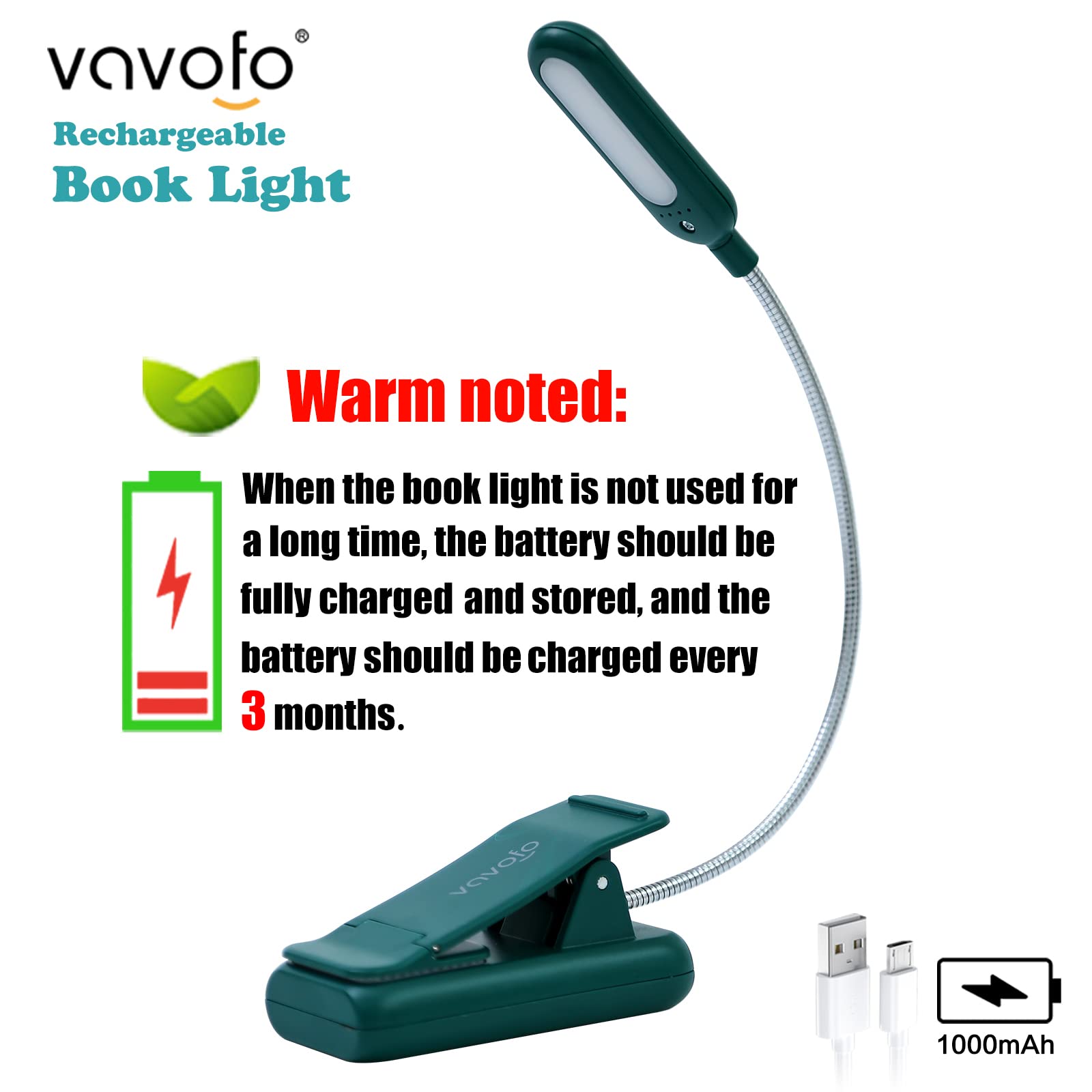 VAVOFO Rechargeable Book Light, 7 LED, 9-Level Warm Cool White, Eye Care Lamp, Model KM-6720, Green
