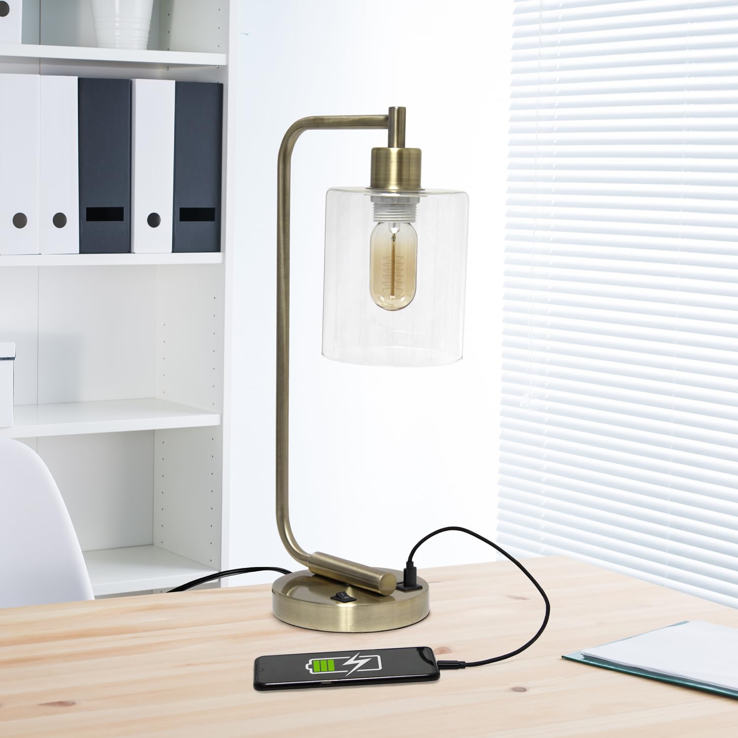 Simple Designs LD1066-RGD Industrial Iron Lantern Desk Lamp with USB Ports, Rose Gold, Glass Shade, USB-No Bulb