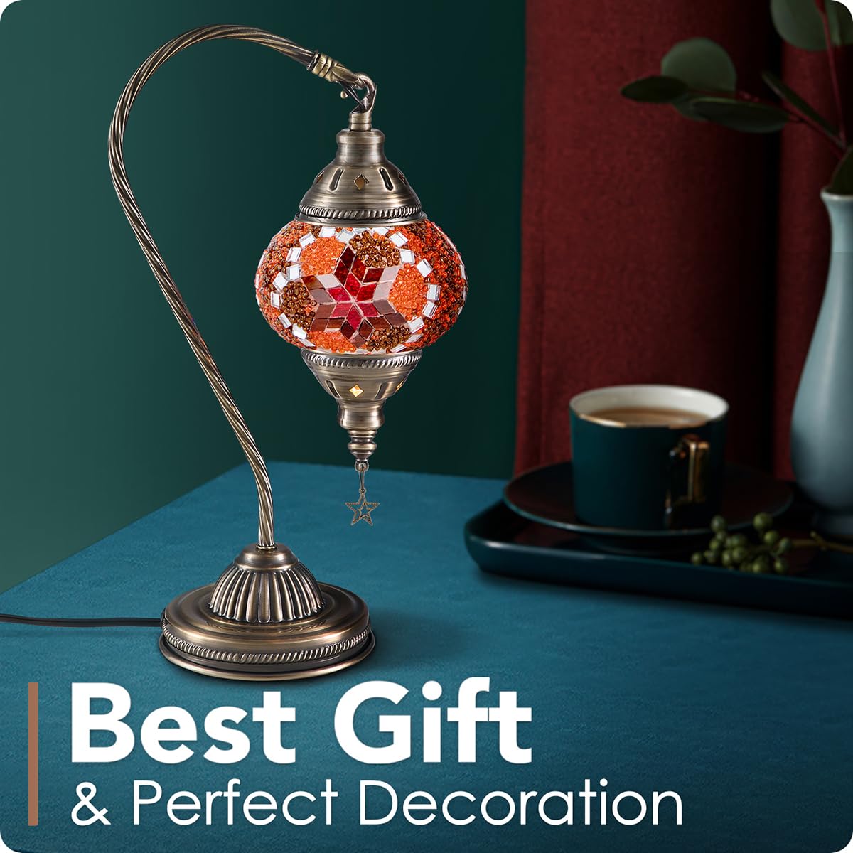 Yarra-Decor Turkish Moroccan Lamp - Handmade Tiffany Mosaic Glass, Bronze Base, 3-Way Color Changing, Red2 (LED Bulb Included)
