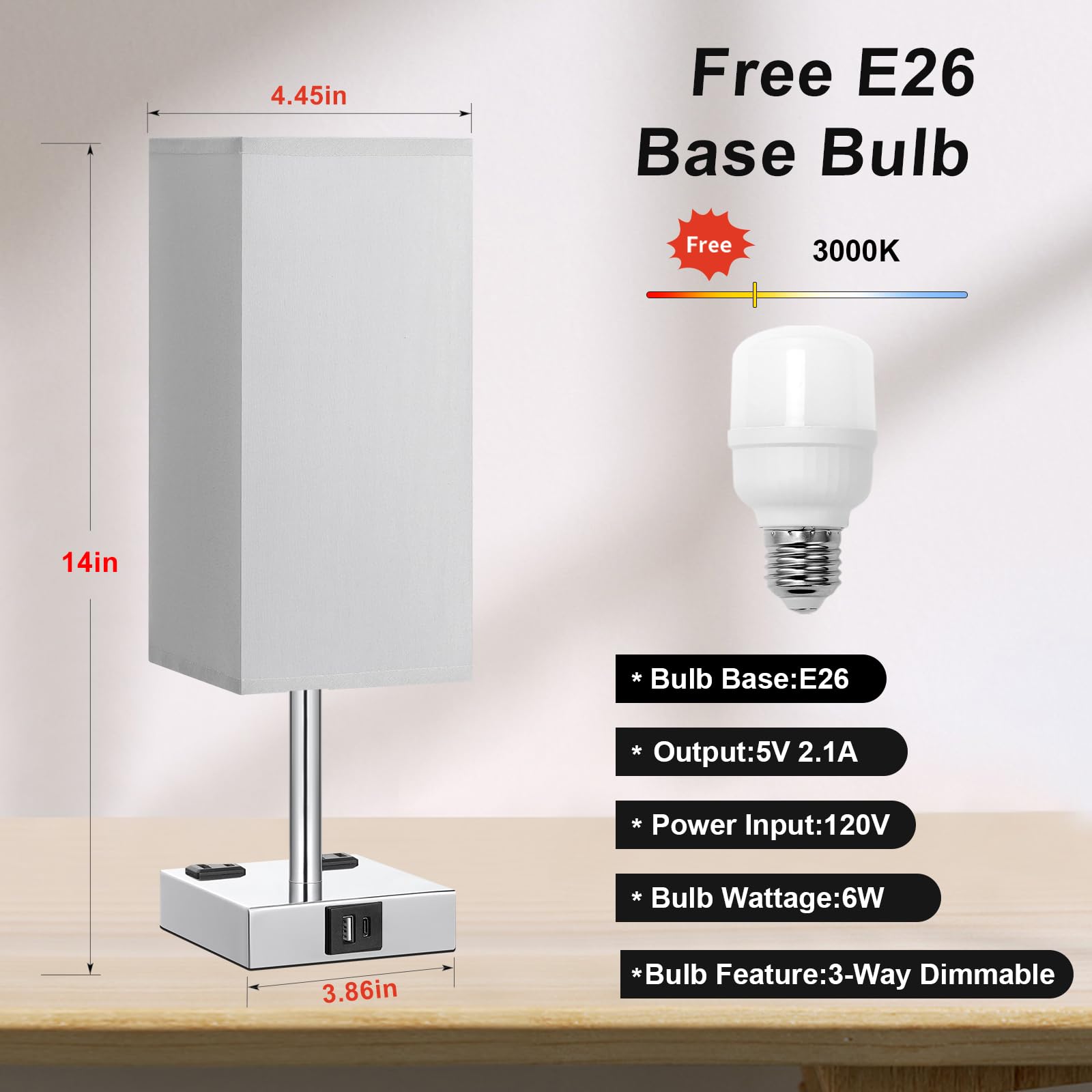 aooshine Bedside Table Lamp Set of 2 - 3-Way Dimmable with USB Ports, 14in Gray & Silver, E26 LED Bulb for Bedroom & Office