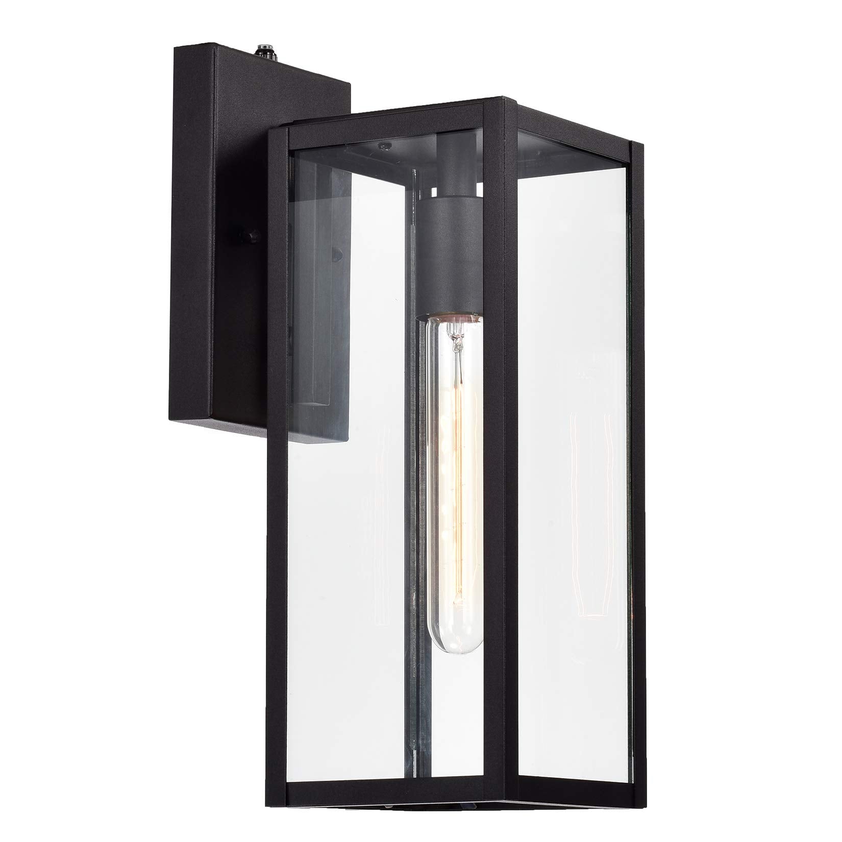 MICSIU Outdoor Wall Mount Lantern, 14.5in Clear Glass, Industrial Textured Black, Metal, Model 20001