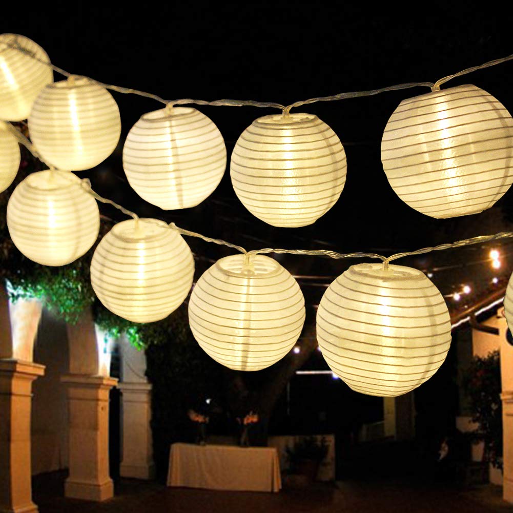 Bright Zeal 20' Long 30 LED Lanterns String Lights Battery Powered - Indoor Outdoor 3" White Silk-Like Cloth Round Mini Lantern String Lights for Yard Bedroom Wedding