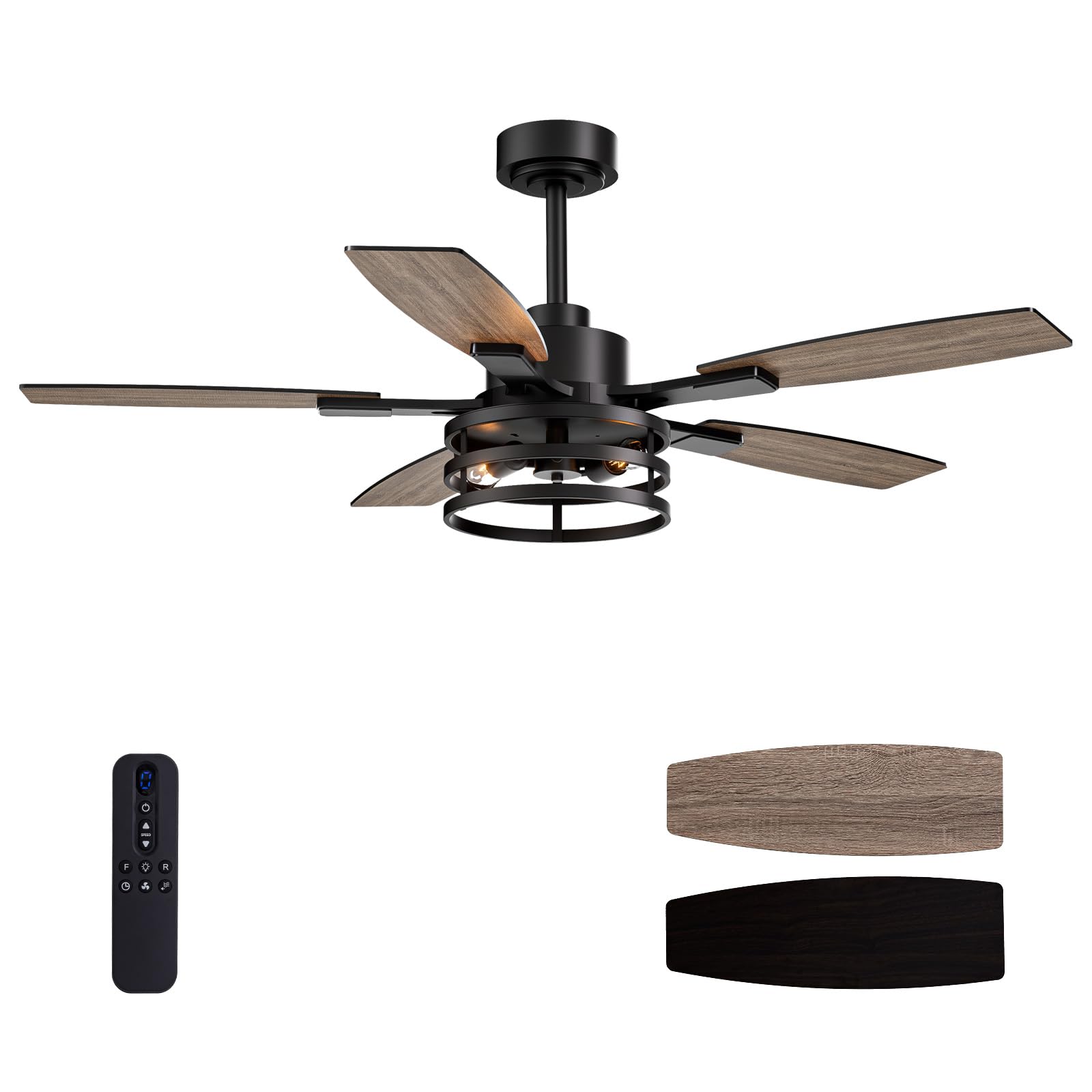 Nuoqiso 52 Inch Black Ceiling Fan with Lights, Remote Control, Metal, Model LL-8837D-52-01, Indoor/Outdoor Use