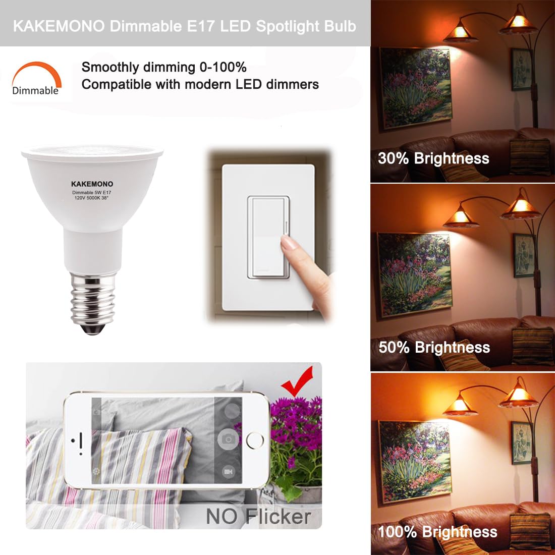 KAKEMONO E17 LED Spotlight Bulb, Dimmable 5W R14, 5000K Daylight White, Halogen Replacement, 2 Pack