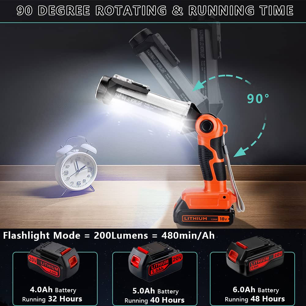 Cordless Led Work Light For Black & Decker 20V Li-Ion Battery, 35W 2000Lm Outdoor Flashlight Portable Camping Lanterns For Car Repairing, Job Site Lighting, Emergency