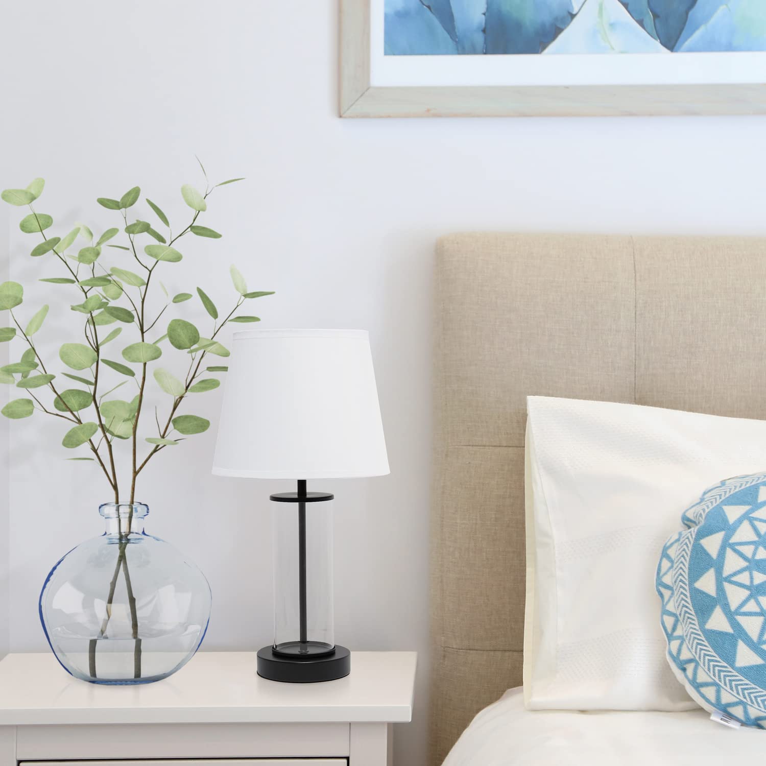 Simple Designs LT2081-BOW Modern Coastal Bedside Table Lamp, 8.66inL x 8.66inW x 16.93inH, Black Base, White Shade, Glass