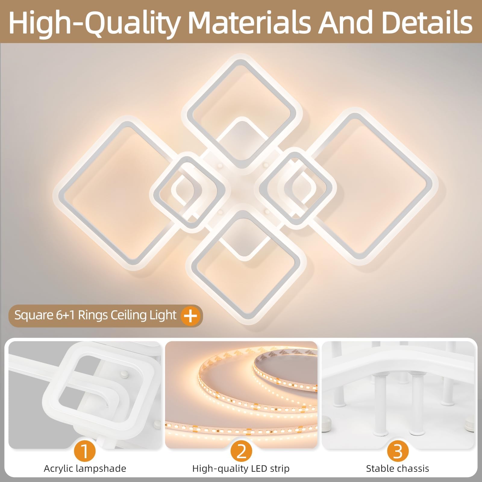 Modern Ceiling Light, 40.2'' Led Dimmable Acrylic Square 6+1 Rings Ceiling Lights With Remote, White Flush Mount Ceiling Light F