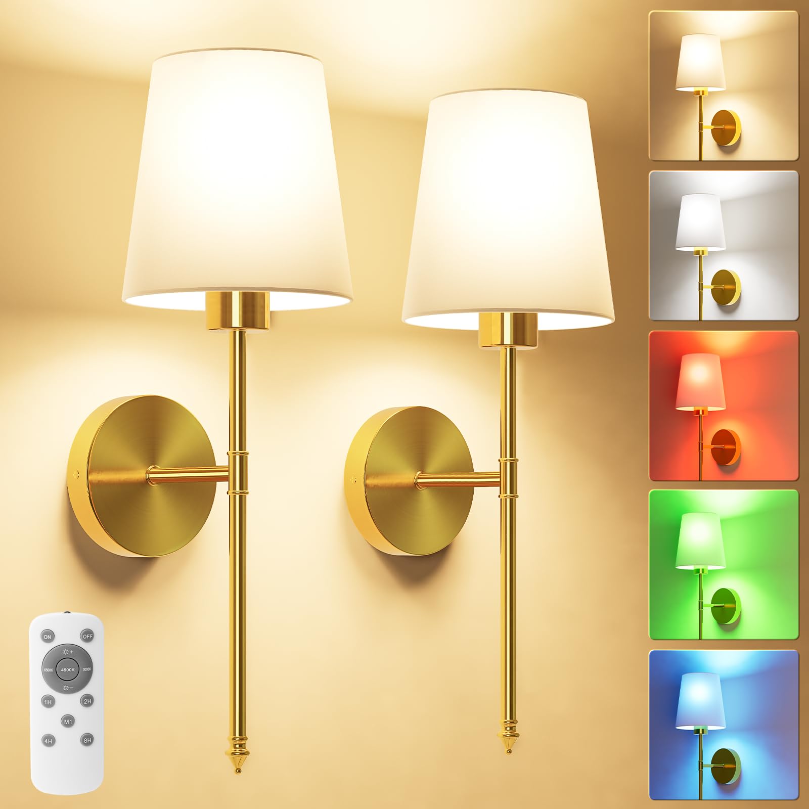 JOFIOS Battery Operated Wall Sconce Set of 2, Gold, 19.9 inch, Dimmable Detachable Bulbs with Remote, 5200mAh, Model JFS