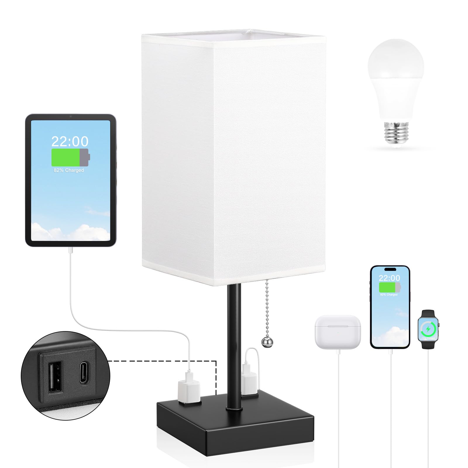 Aooshine White Medium Table Lamp With Usb Ports - 3 Color Temperature Bedside Lamp For Bedroom, Pull Chain Control, Usb A And C 