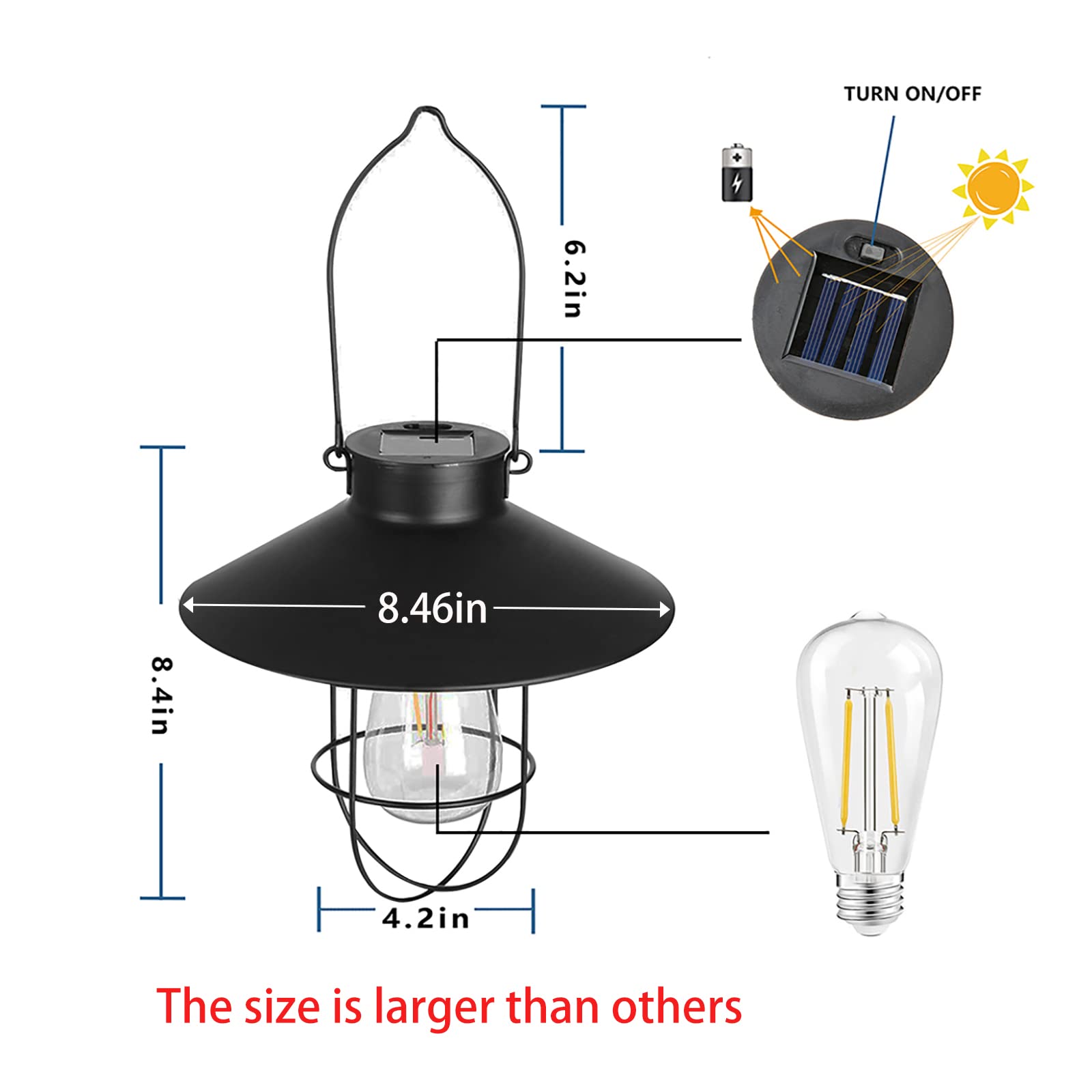 pearlstar Solar Lantern Outdoor Light, Metal, Warm White Edison Bulb, Black, Model 049