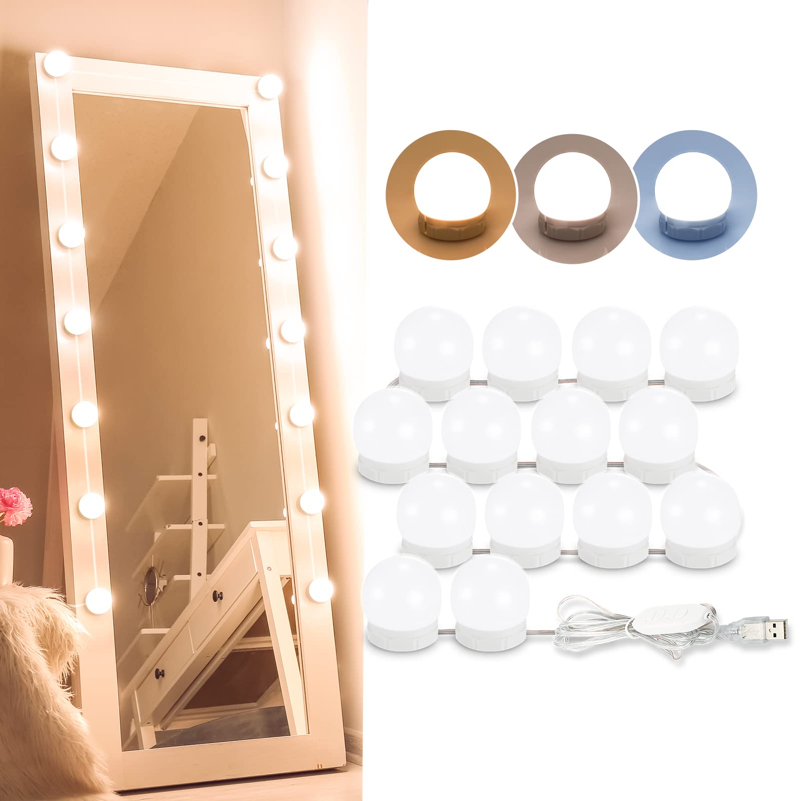Led Vanity Lights For Mirror, Consciot Hollywood Style Lights With 14 Dimmable Bulbs, Adjustable Color & Brightness, Usb Cable,