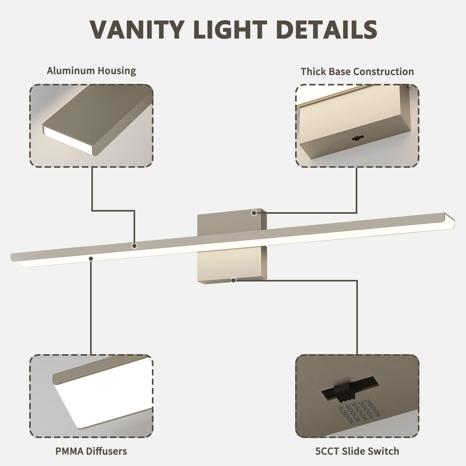 JUSHENG Vanity Lights for Bathroom, 5CCT Dimmable LED, 31.5in  Metal Light Bar, Brushed Nickel, Model 6330