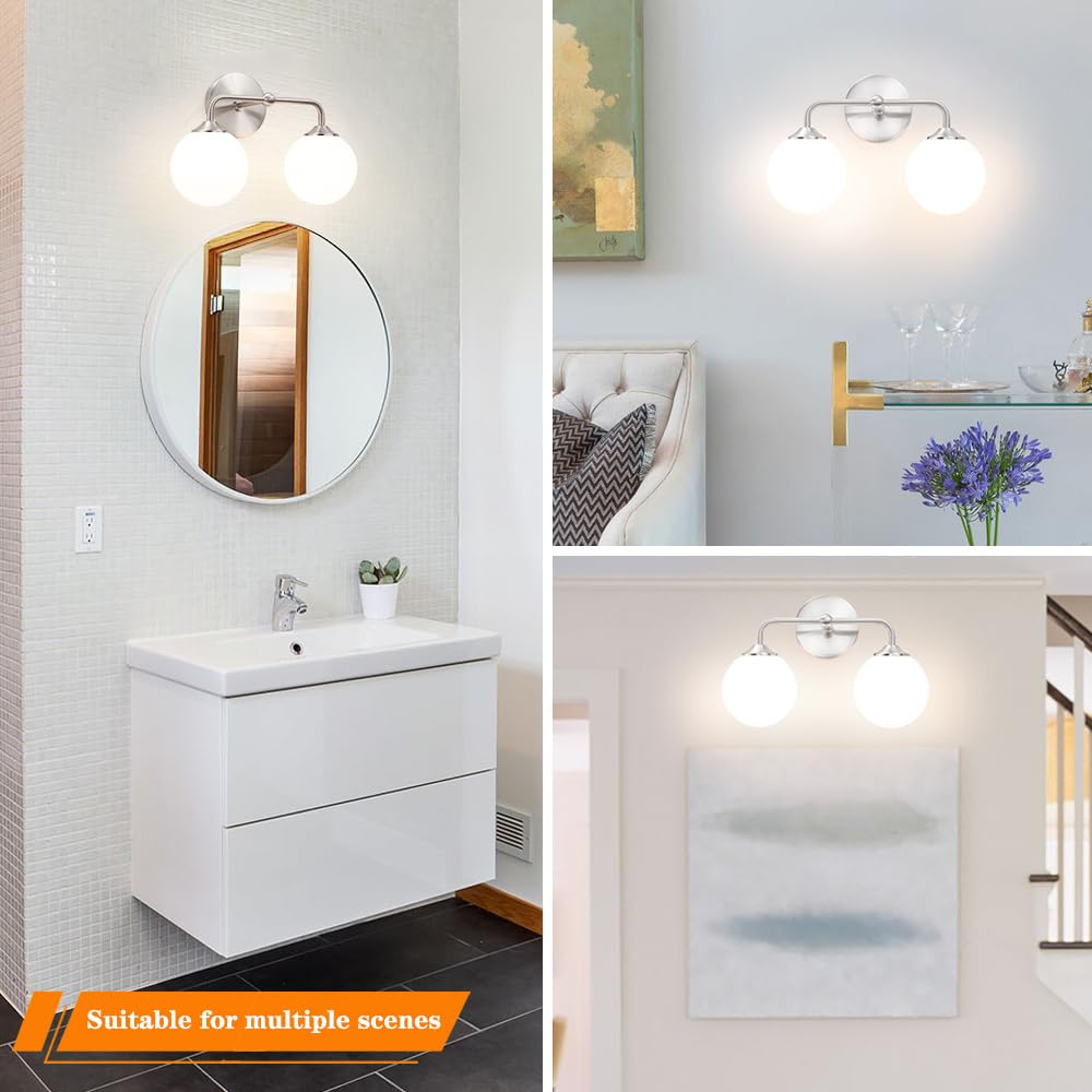 DSMJFU Modern Brushed Nickel Bathroom Vanity Lights, 2-Light, Glass Globe Shade, Model DX23055V2-NK
