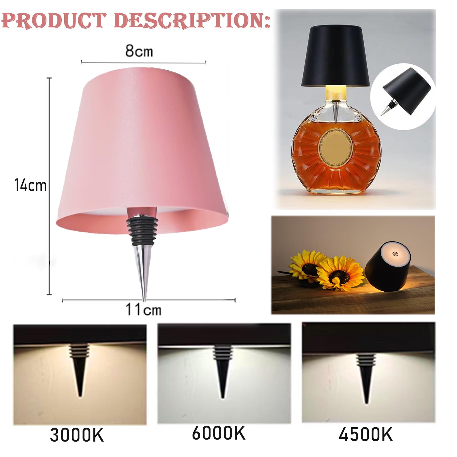 Neioaas Wireless Bottle Lamp, USB Rechargeable Touch LED, 3 Color Dimming, 1PC, Iron, Pink, Model N-Bottle Lamp