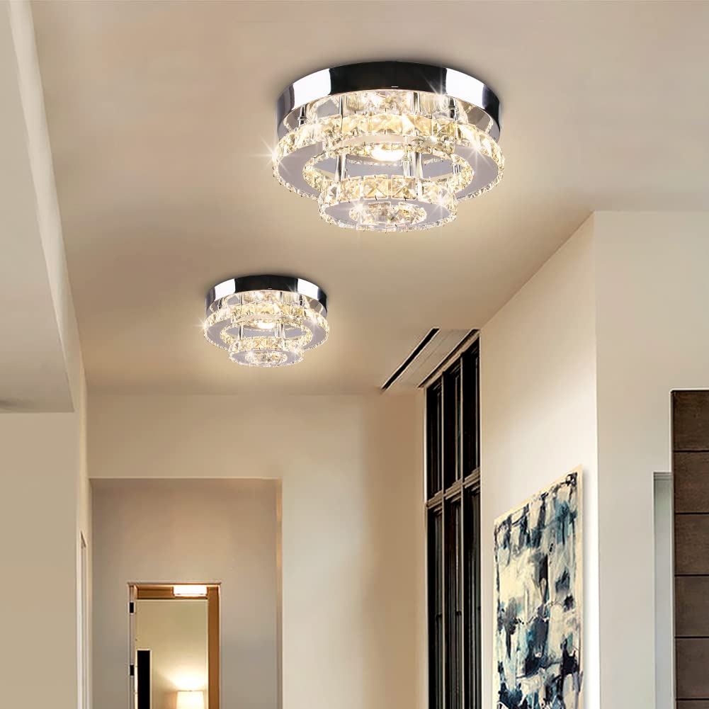 Cainjiazh Mini Chandelier Led Crystal Ceiling Light 2 Layers Round Flush Mount Ceiling Light Modern Chandelier Lighting For Hallway Staircase Kitchen Bathroom (Multicolor)