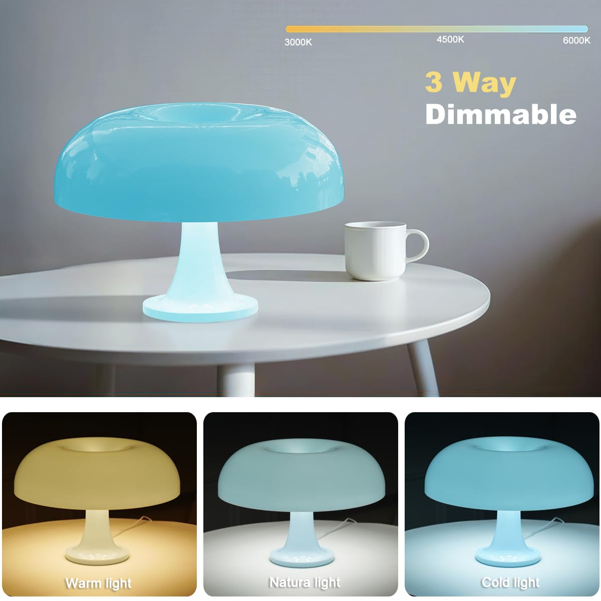 Fanhao Light Blue Mushroom Lamp, 70S Retro Midcentury Lamp For Room Aesthetic Modern Lighting For Bedroom, 3-Way Dimmable, Cool
