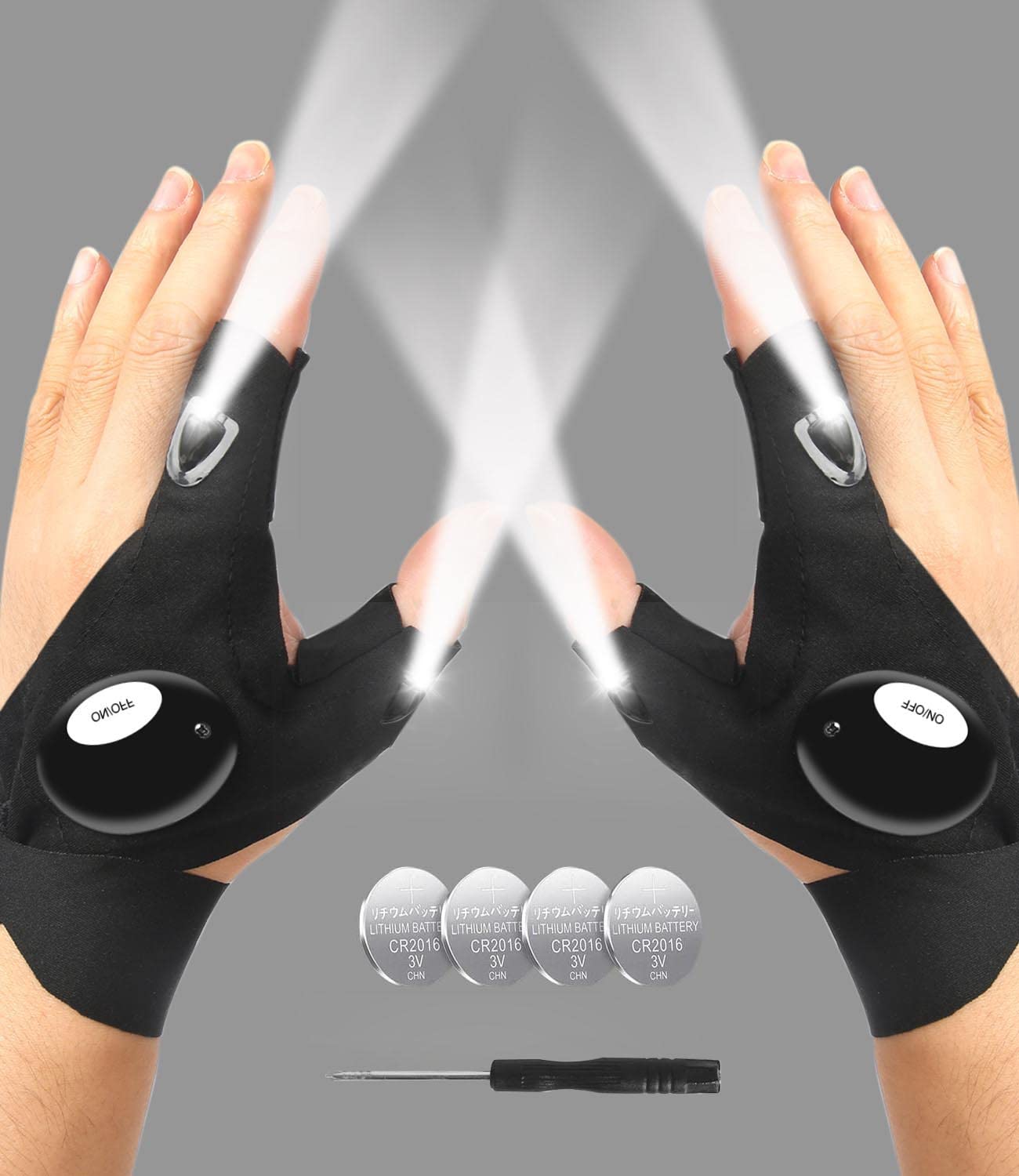 MOIPEJO LED Flashlight Gloves, Waterproof, Carbon Fiber, Button Batteries Powered, Black, Model LFGMO002