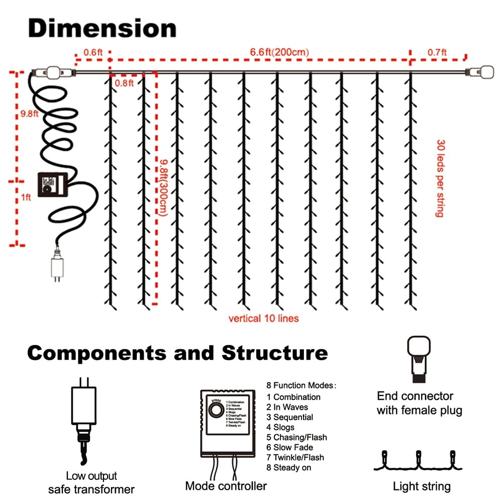 Waterglide 300 Led Curtain Lights, Remote Control Christmas Decorative Hanging String Lights, 8 Lighting Modes, Plug In For Indoor Outdoor Holiday Party Garden Backdrop Wedding Home Decor, Warm White