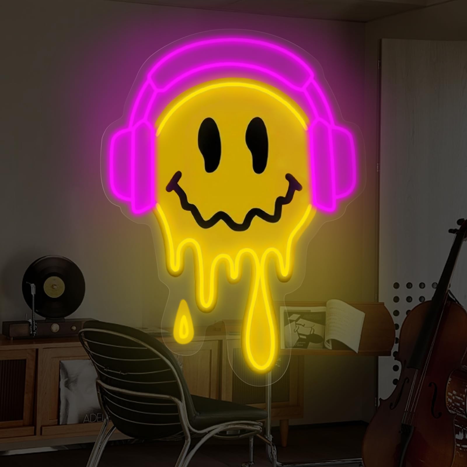 Melting Smile Face With Headphone Neon Sign For Wall Decor Neon Smile Light Signs For Kids Room Bar Party Bedroom Decor Lamp Personalized Gifts Kids Room  Wedding Decoration  Holiday Gift-Pink