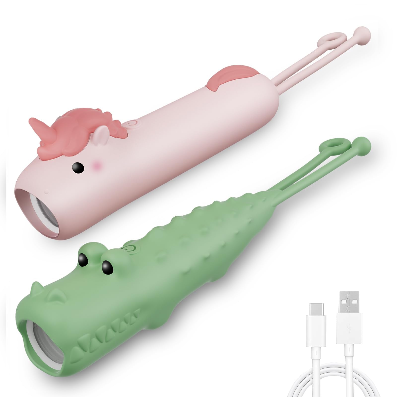 Tepreswes Rechargeable LED Flashlight for Kids, Pink Unicorn, Model C1, Colorful Silicone, Ideal for Camping and Outdoor Exploration