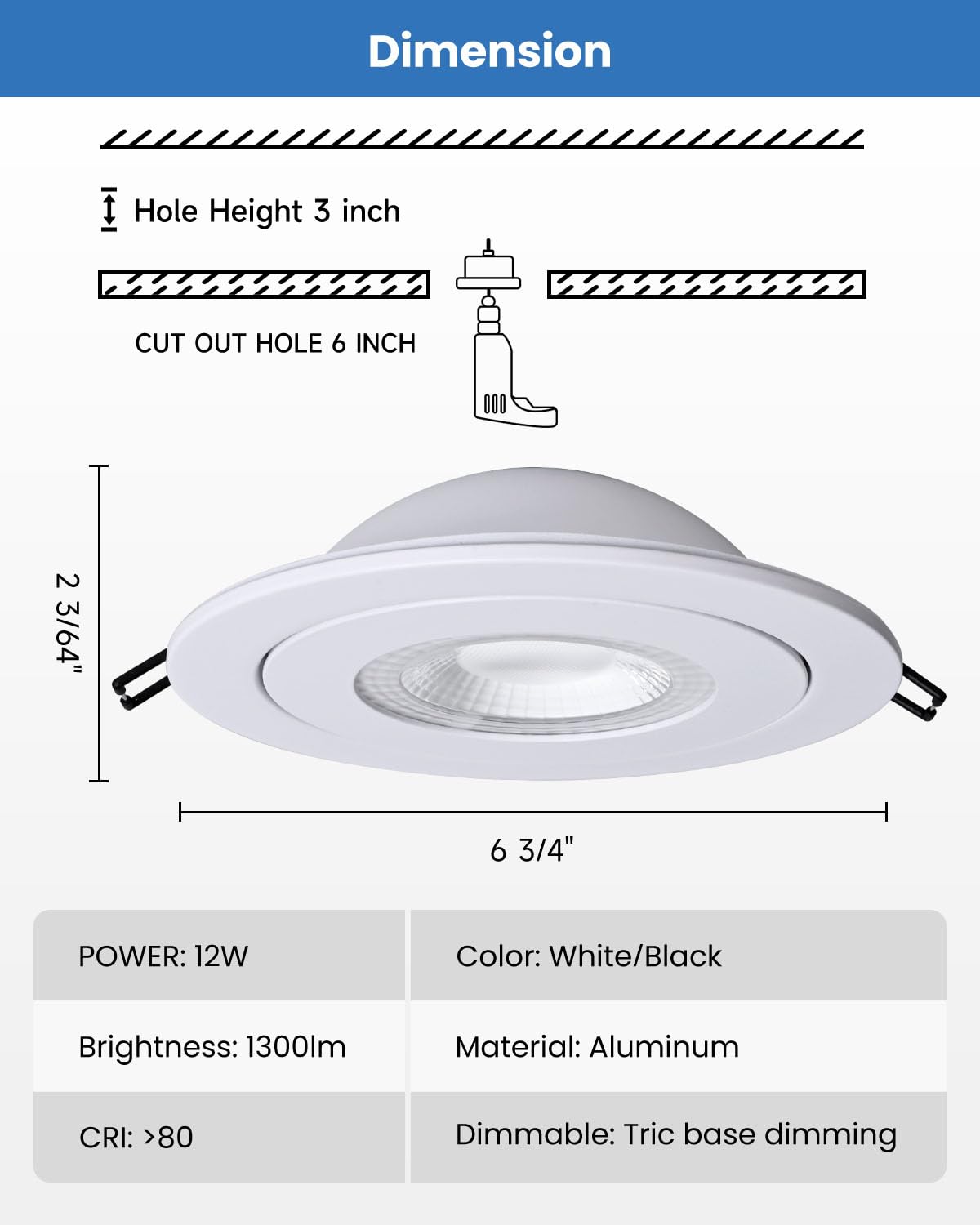 6-Inch Gimbal Recessed Light - 12W 90 Tilt & 360 Rotation, 1300Lm, 5Cct (2700K-5000K), Ic Rated Led Eyeball Recessed Lighting, F