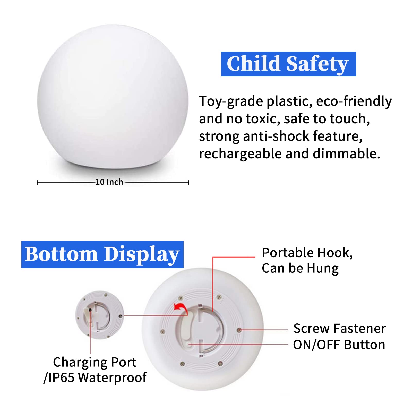 Borelor 10-Inch Led Globe Light - Rechargeable, Remote Control, 16 Rgb Colors, Indoor/Outdoor, Blue Polyethylene Decor