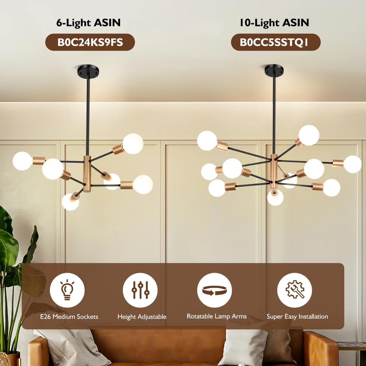 Sheetea 6-Light Sputnik Chandelier, Black And Gold Chandeliers Pendant Lighting, Modern Farmhouse Dinning Room Light Fixture Mid Century Brass, Height Adjustable For Living Room Bedroom Kitchen Island