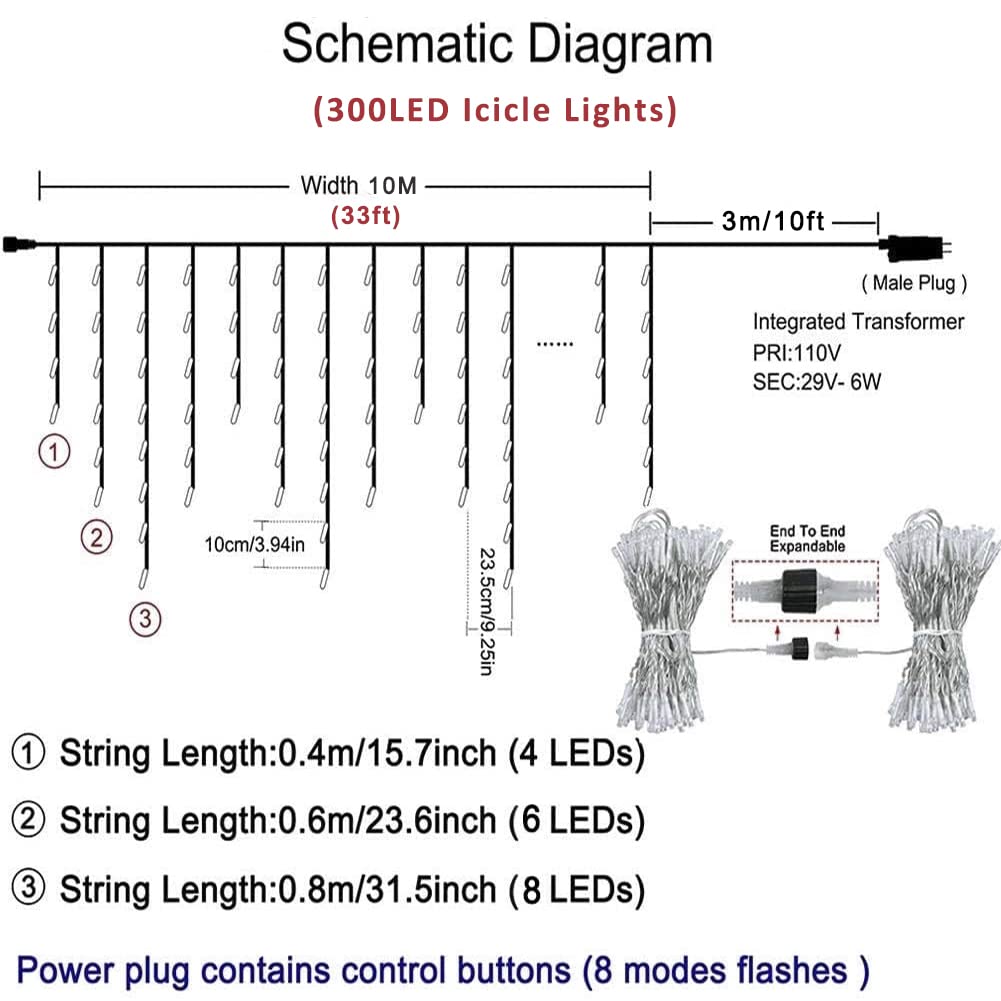Qunlight 300L Led Icicle Lights, Warm White Window Curtain Lights,8 Modes With 30V Plug In For Wedding, Party, Bedroom, Home, Garden, Outdoor, Indoor Wall,Christmas Decorations,Connectable(Warm White)