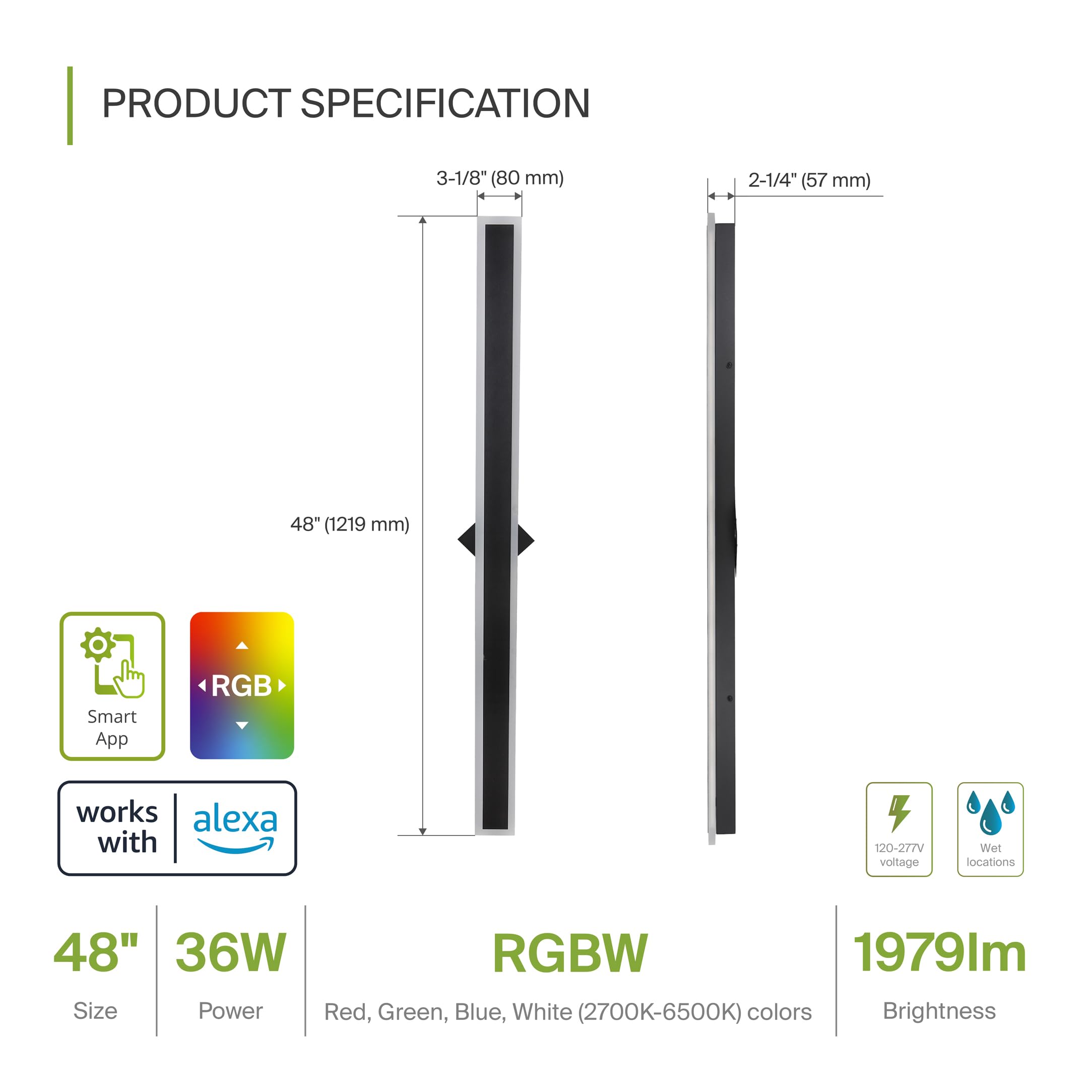 ASD 48 Inch LED Flush Mount Wall Light Fixture | 36W RGB-2700K-6500K | Black, Smart, Waterproof, ETL Listed, Model A-LWS27N