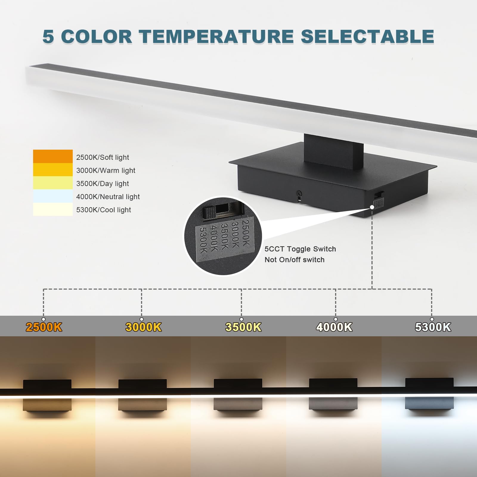 Joossnwell Bathroom Vanity Light Black Dimmable 39.37 Inch Acrylic LED Fixture Model 7560-18W-SN-5CCT