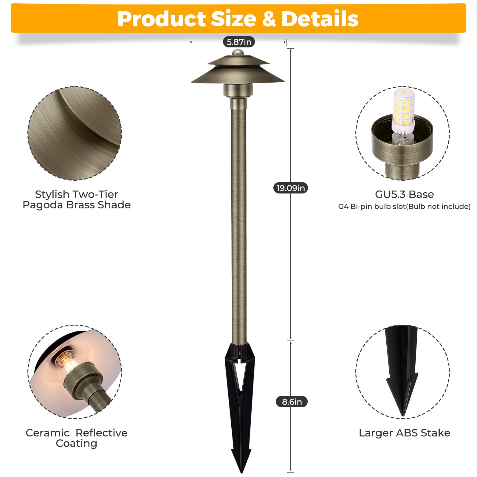 Gardencoin Solid Brass Low Voltage Landscape Pathway Lights (6 Shade  19 Tall)  12V Led Heavy Duty Path Lighting Outdoor Wired  Waterproof Antique Bronze Walkway Light Without G4 Bulb  4 Pack
